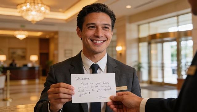 Smiling hotel concierge holding handwritten welcome card in elegant lobby with chandeliers