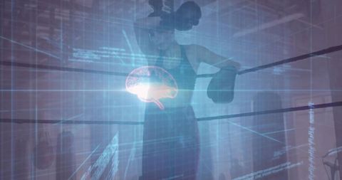 Female Boxer with Futuristic Brain Analysis Display in Gym
