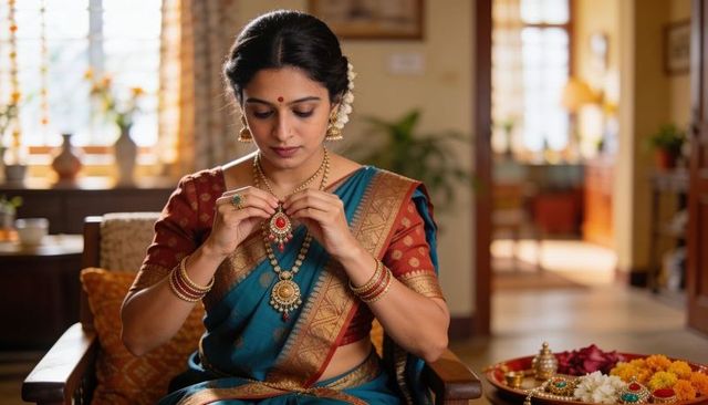 Young woman fastening gold necklace in teal silk saree preparing for traditional ceremony