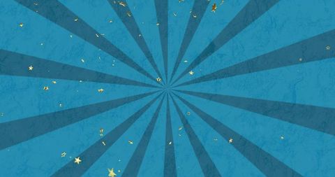 Blue radial starburst background with gold star confetti and vintage grunge texture