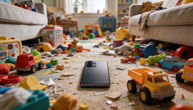 Smartphone resting on messy toy-strewn living room carpet with colorful children's trucks