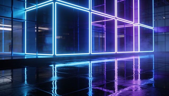 Glowing neon cube grid reflecting on glossy floor in futuristic blue purple gallery