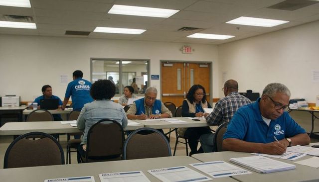 Community volunteers filling census forms in classroom-style office space, focused teamwork