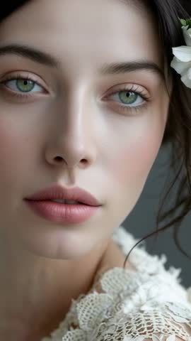 Vertical beauty portrait video showing model blinking and tilting head with white flower