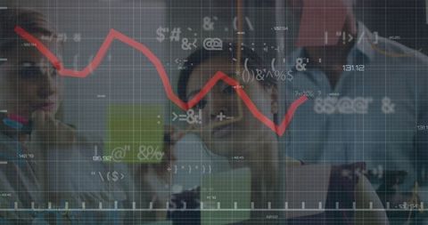 Financial data analysis with business team and graphics overlay