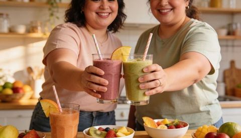 Two friends clinking colorful fruit smoothies with striped straws in sunny kitchen