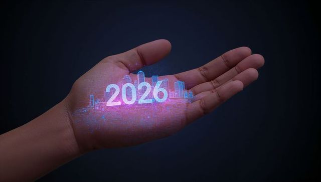 Projecting 2026 hologram on hand with neon city skyline and circuitry