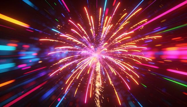 Exploding neon firework burst with multicolor trails, bokeh glow, sparks and smoke plume