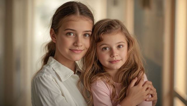 Older sister embracing younger sister in warm corridor, tender sibling bond and care
