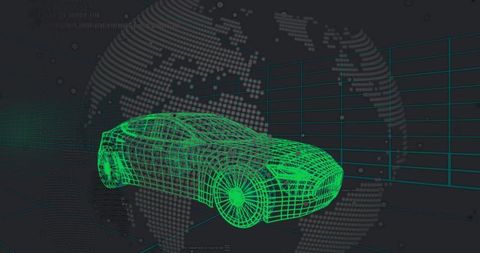Futuristic wireframe car in virtual space with globe and grid