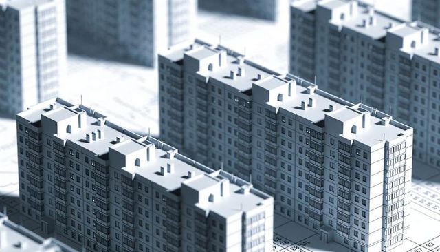 Scale model showing apartment blocks on blueprint with rooftop vents and facade detail