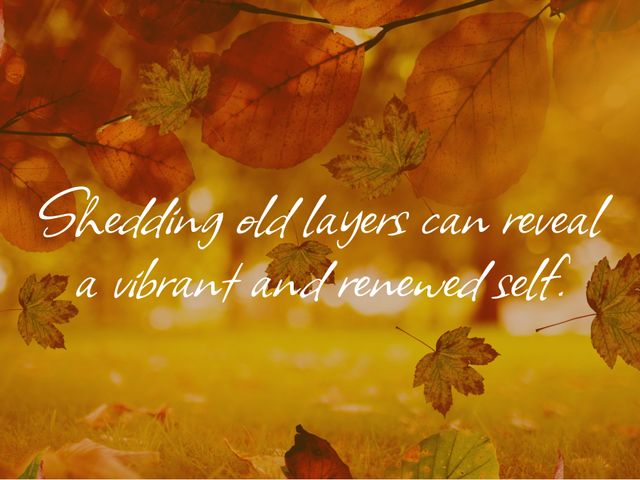 Autumn leaves create inspirational background with quote about personal renewal. Ideal for motivational posters, seasonal wallpapers, social media graphics, self-help books, and blog posts on personal growth. Emphasizes themes of change, transformation, and renewal using bright and vibrant fall colors.