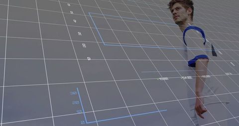 Young man standing in futuristic 3d grid projection wearing white t-shirt with blue trim