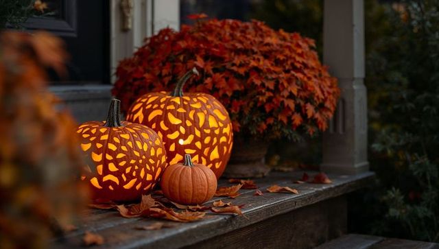 Carved and uncarved pumpkins with fall foliage on porch