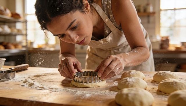 Woman baker cutting fluted dough rounds on flour-dusted wooden workbench, close-up