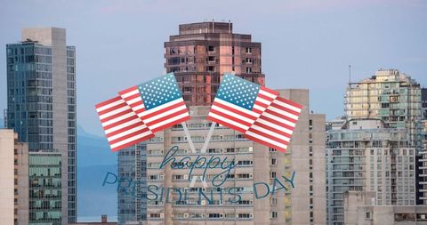 Happy Presidents' Day Celebration with City Skyline and Flags
