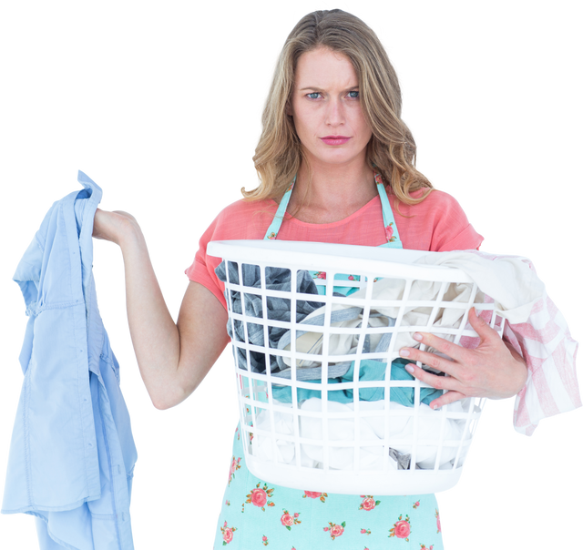 Transparent background woman holding dirty laundry with serious expression - Download Free Stock Videos Pikwizard.com