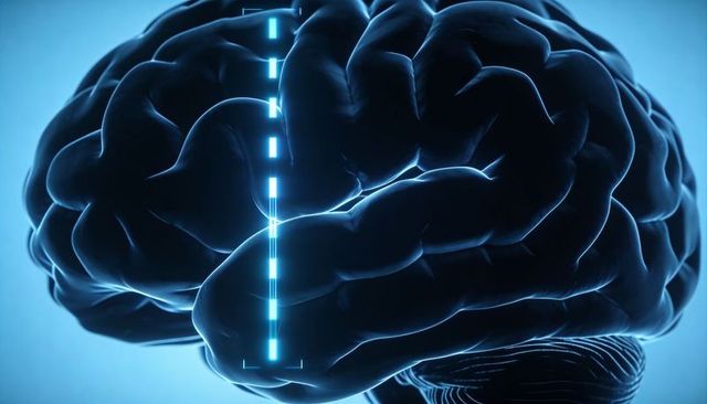 Glowing Blue 3D Brain with Neon Midline and Cerebellum Contours for Medical Tech AI