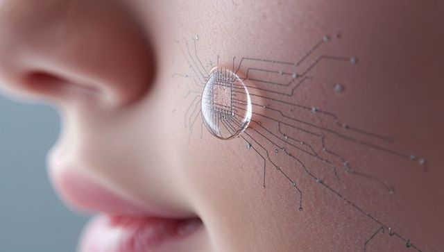 Child wearing transparent microchip patch on cheek close-up featuring printed circuitry sensors