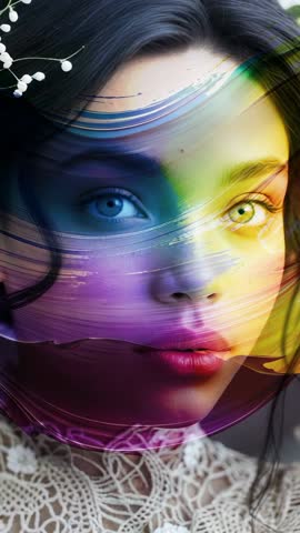 Vertical portrait with rainbow brush strokes sliding across face and lace top, cinematic