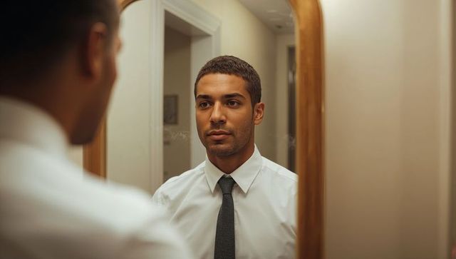 Young professional adjusting tie in hallway mirror preparing for important meeting