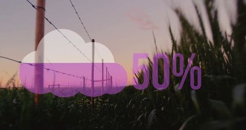 Magenta cloud progress overlay showing 50% over barbed wire fence and pasture at dusk