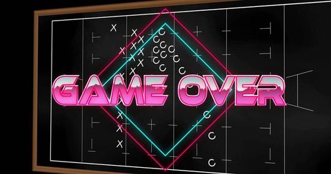 Retro neon game over playbook on chalkboard with pink 3d text and cyan-magenta diamonds