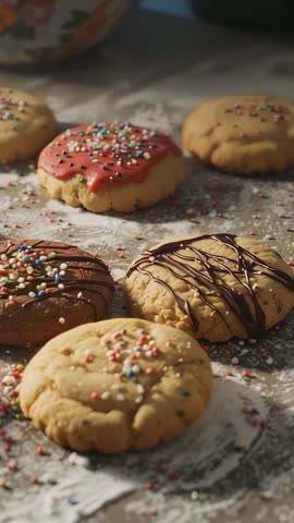 Camera zooming across rustic sugar cookies with icing, chocolate drizzle and sprinkles