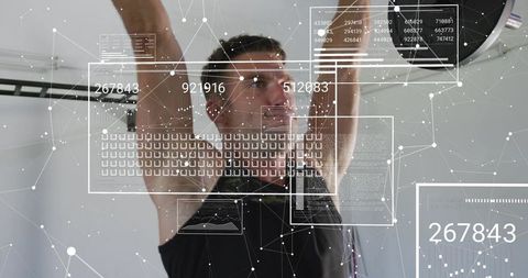 Athlete Performing Overhead Press with Augmented Reality Fitness HUD in Home Gym