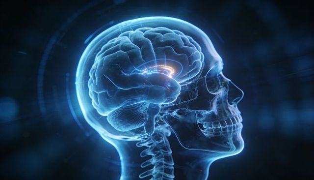 Translucent Skull Revealing Brain Networks and Glowing Neural Pathway in Holographic Visualization