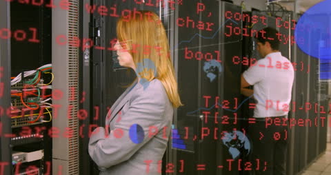 Team Inspecting Server Room with Animated Data Visualization