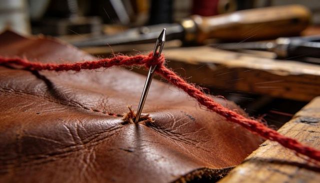 Needle piercing aged leather with red yarn for hand tufting on craft bench