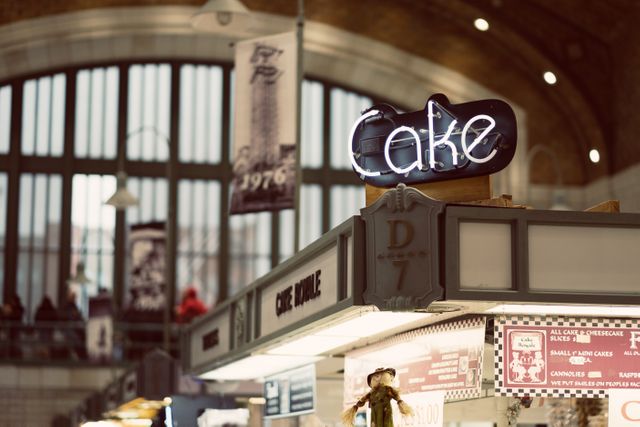 Neon Cake Sign in Retro Market Hall - Download Free Stock Images Pikwizard.com
