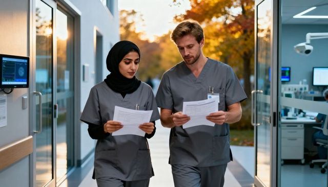 Walking clinicians reviewing patient charts in hospital corridor at sunset
