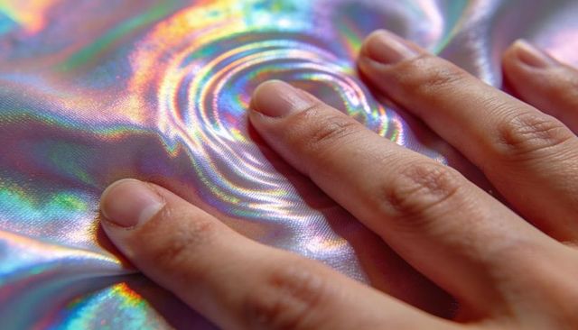 Hand Fingertips Creating Iridescent Ripples on Holographic Satin Macro Texture