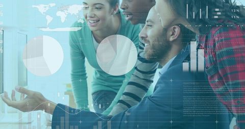 Diverse Business Team Analyzing Financial Data with Global Infographics