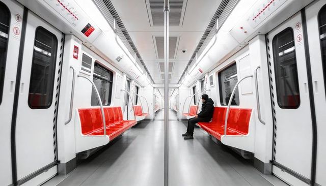 Solitary commuter checking smartphone on modern subway carriage with red seats and symmetry