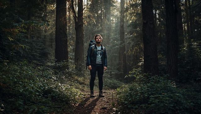 Standing backpacker in misty old-growth forest with sunbeams on narrow trail