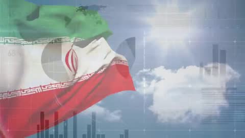 Waving Iranian Flag with Digital Graphs in Cloudy Sky