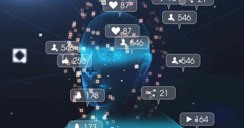 Glowing Wireframe Head Surrounded by Social Media Notifications in Cyber Network Space
