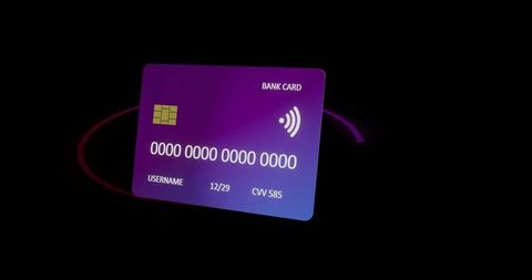 Floating purple bank card tilting in void with gold emv chip and contactless nfc symbol