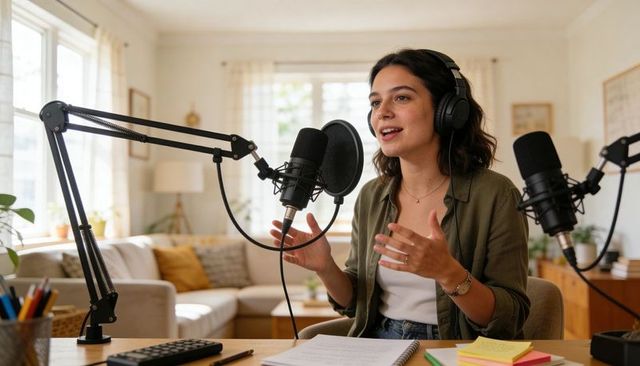 Female podcaster recording in cozy home studio, gesturing into condenser microphone