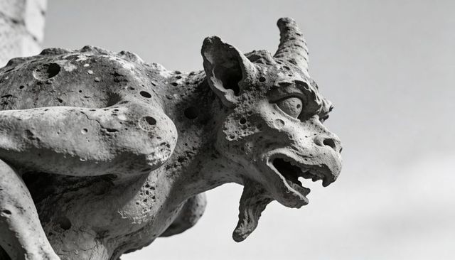 Perched weathered gothic gargoyle showing pockmarked stone texture and grotesque detail