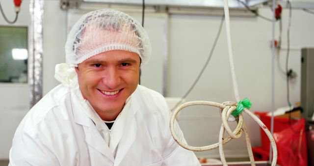 Smiling Butcher Wearing PPE in Commercial Meat Processing Facility - Download Free Stock Images Pikwizard.com