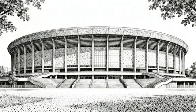 Monochrome stippling of circular civic arena with grand stairs and ramps