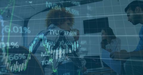 Overlay of financial data with business meeting in office