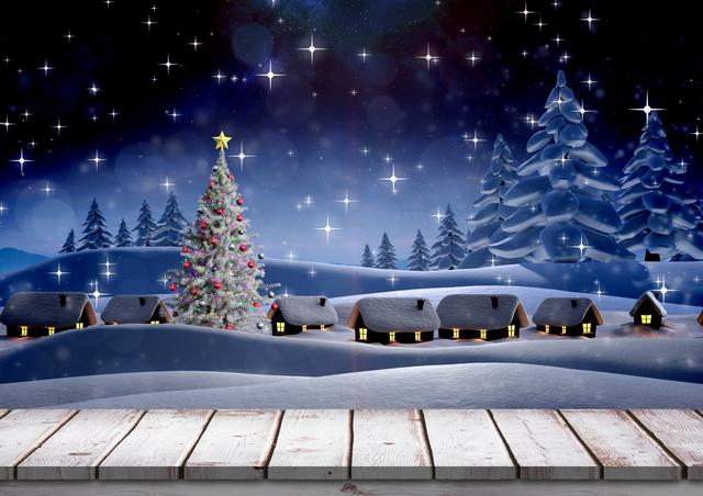 Digital composition of christmas themed snowy background with wooden boardwalk
