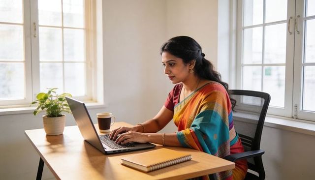Indian woman working remotely in colorful sari at minimal home office by sunlit windows