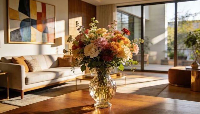 Sunlit bouquet of roses and ranunculus in clear glass vase on wooden table