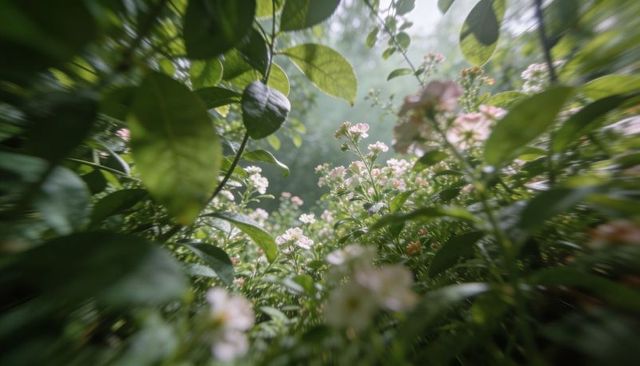 Mist-kissed pale pink blossoms blooming in lush glossy foliage undergrowth